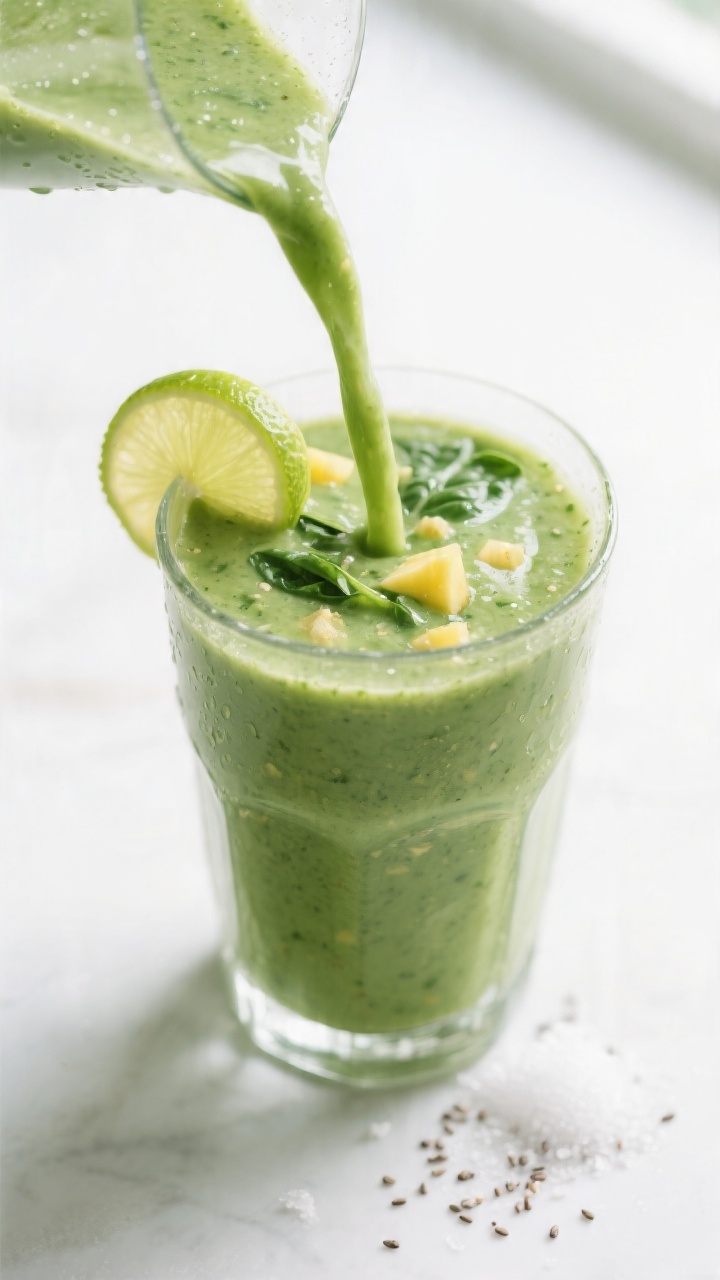 Close-up detail: Silky green mango-spinach smoothie mid-pour into a chilled clear glass, thick and c