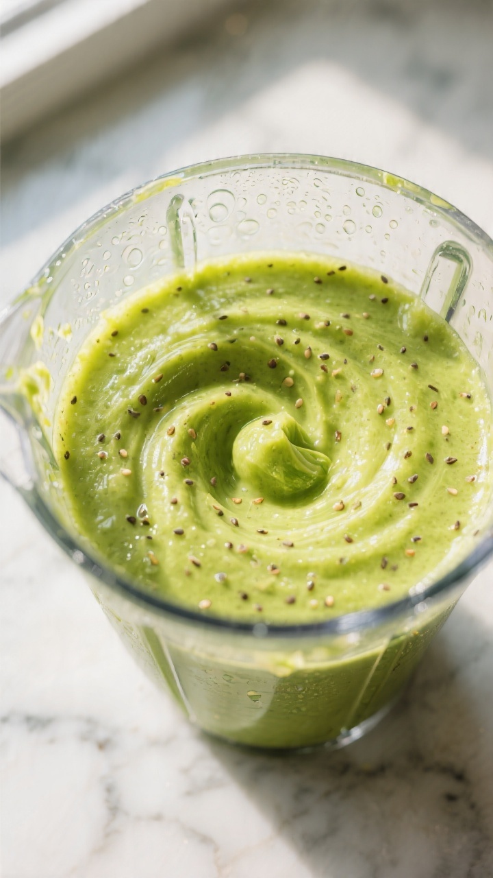 Close-up detail: Silky Mango Kale Smoothie mid-blend in a high-speed blender jar, showing a creamy, 