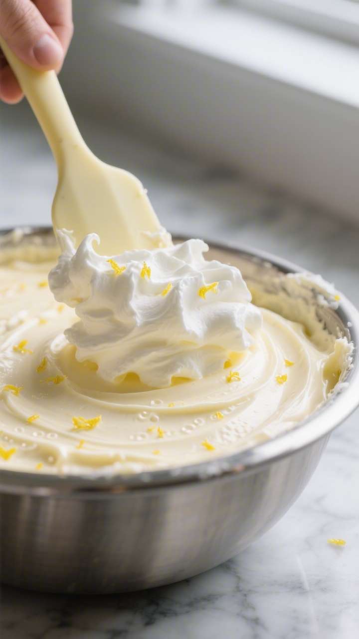 Close-up detail: Silky no bake lemon cheesecake filling being folded together—airy whipped cream g
