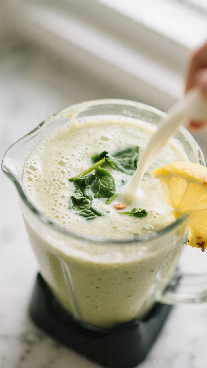 Close-up detail: Silky Pineapple Ginger Detox Smoothie mid-blend in a high-speed blender, creamy fro