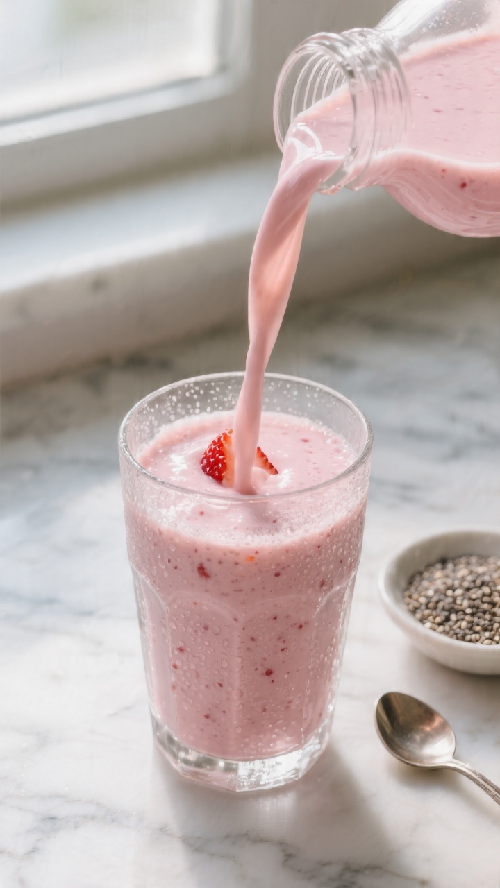 Close-up detail: Silky strawberry-vanilla smoothie being poured into a chilled clear glass, creamy t