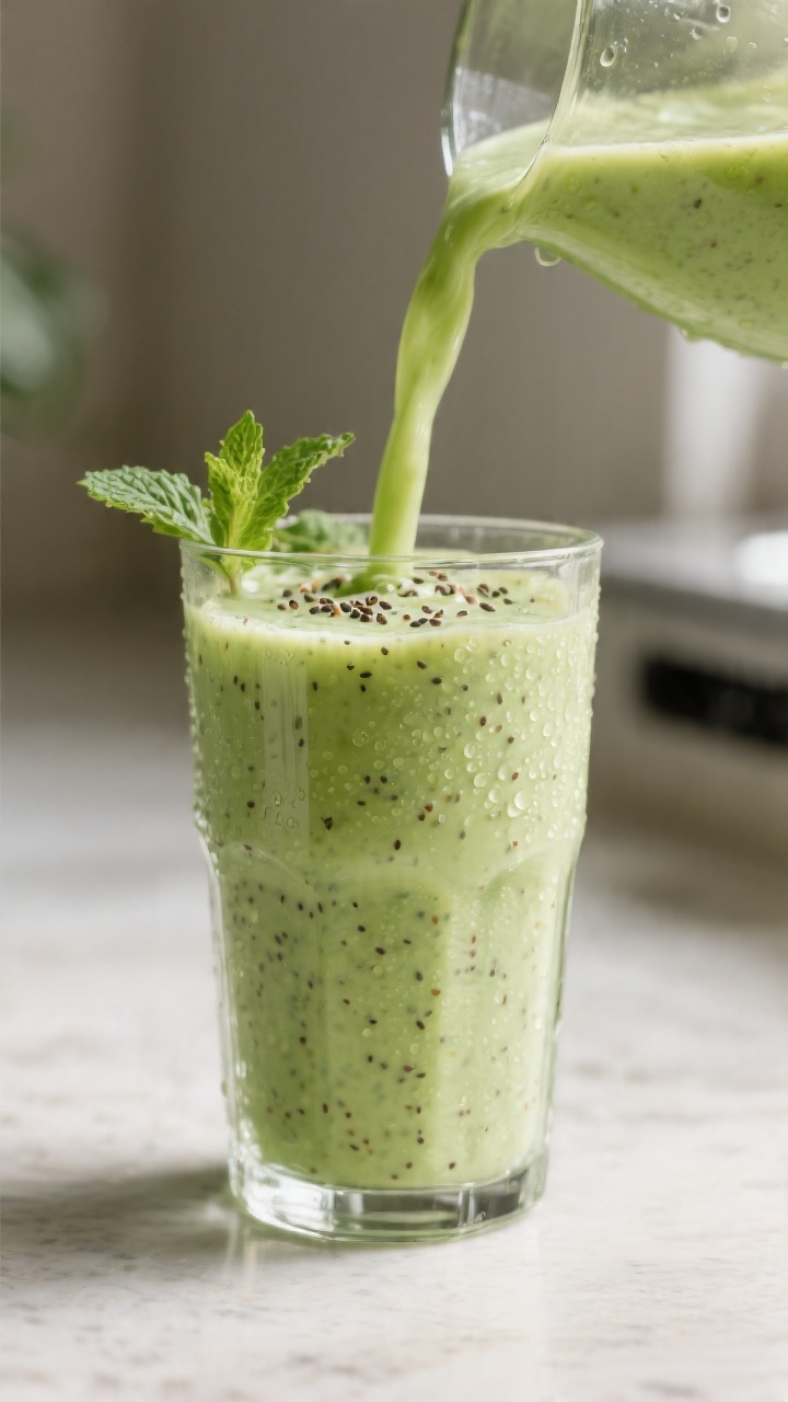 Close-up detail: Silky tropical green smoothie mid-pour into a chilled clear glass, thick and creamy