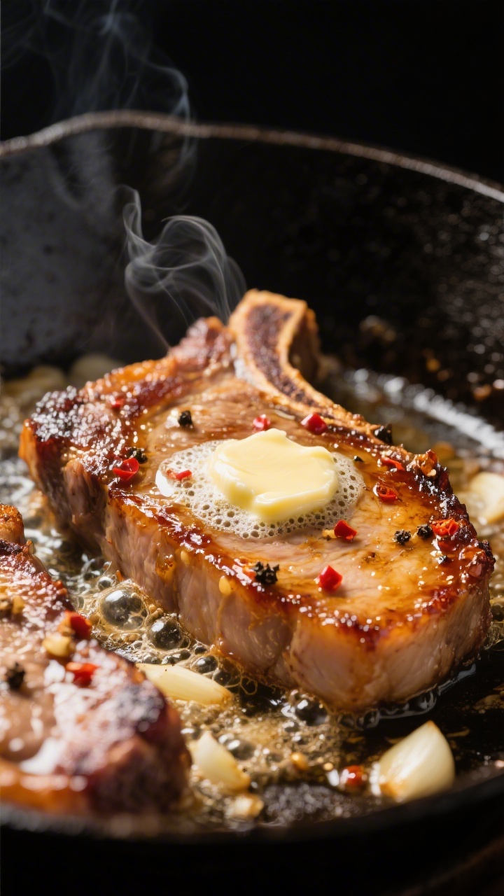 Close-up detail: Sizzling honey garlic pork chops mid-cook in a cast-iron skillet, deep golden sear 