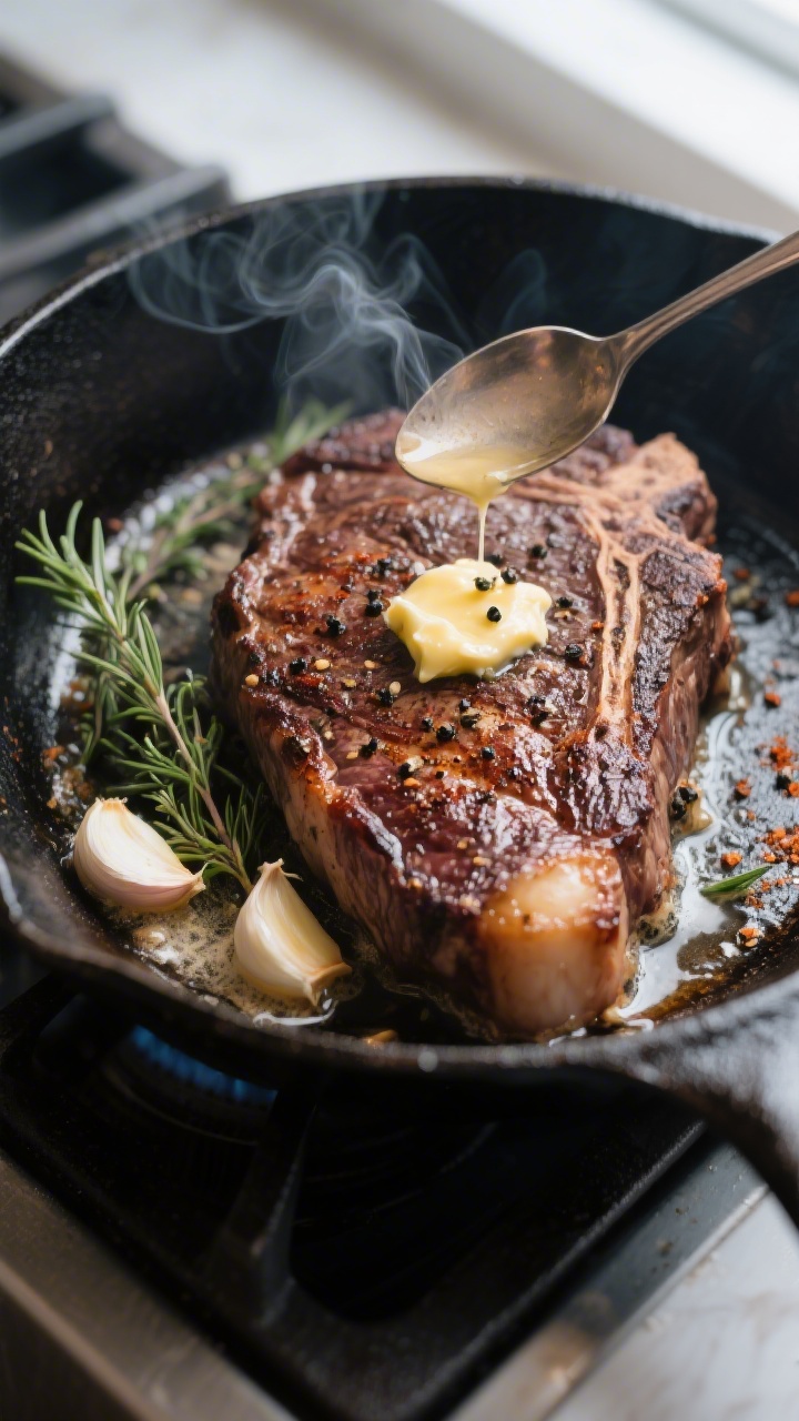 Close-up detail: Sizzling ribeye steak mid-sear in a cast-iron skillet, deep mahogany crust forming 