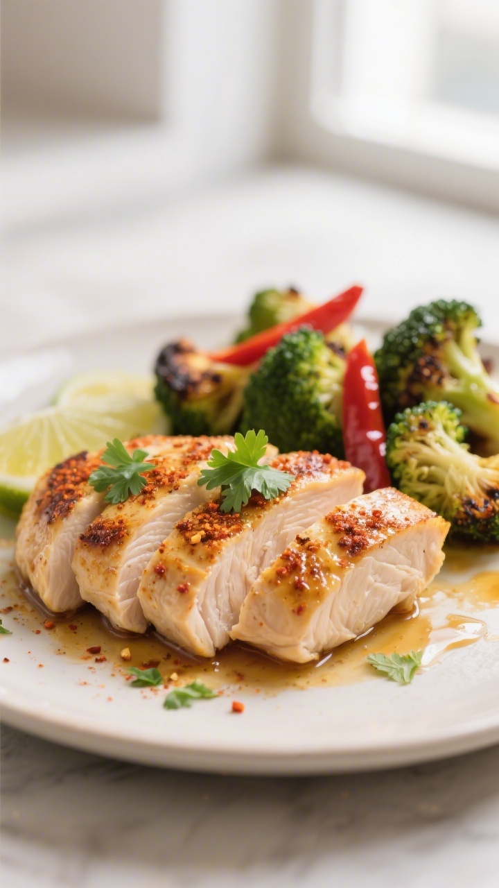 Close-up detail: Sliced garlic-lime chicken breast just after resting, seared golden with visible ch