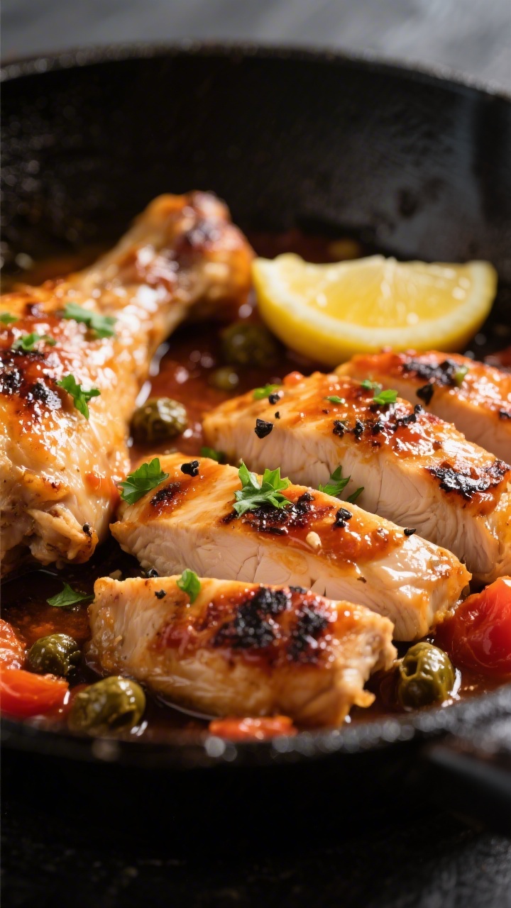 Close-up detail: Sliced Greek-style chicken thighs just off the skillet, glistening with a glossy to