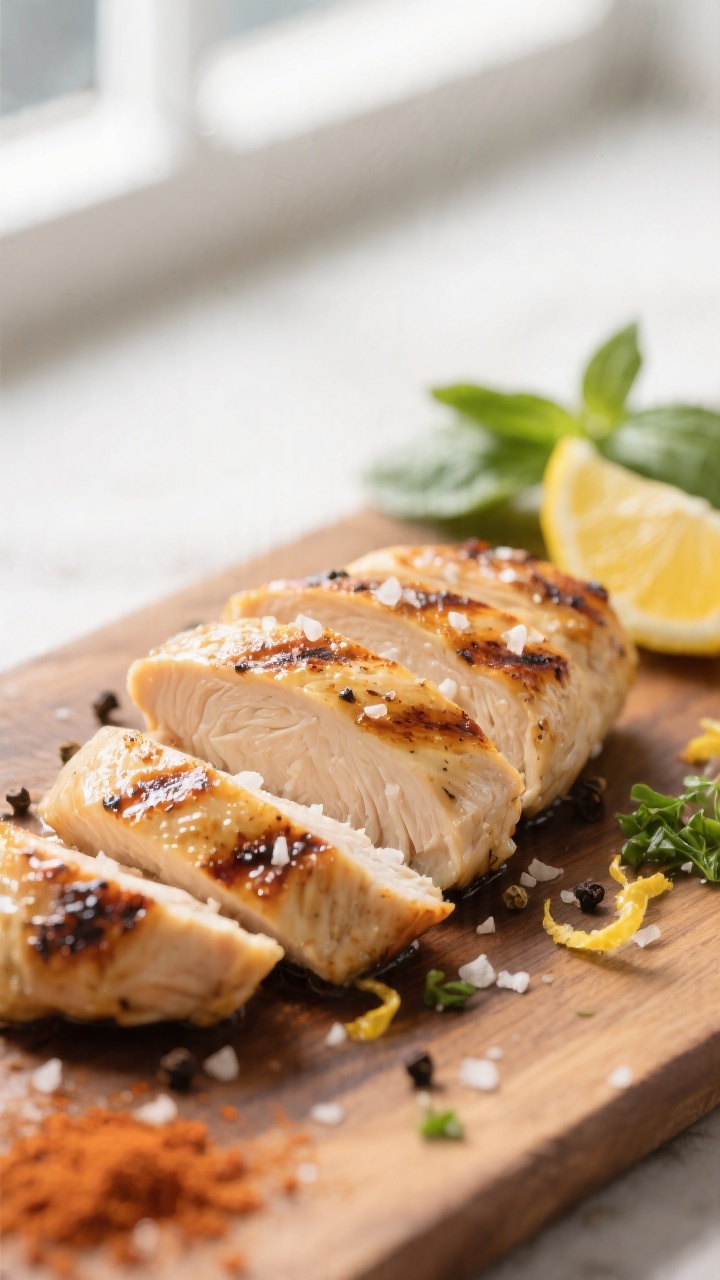 Close-up detail: Sliced grilled chicken breast resting on a wooden board, juices glistening, light c