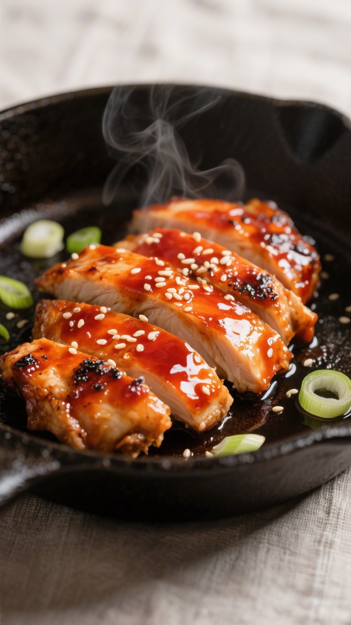Close-up detail: Sliced Korean gochujang-glazed chicken just out of the skillet, caramelized edges g