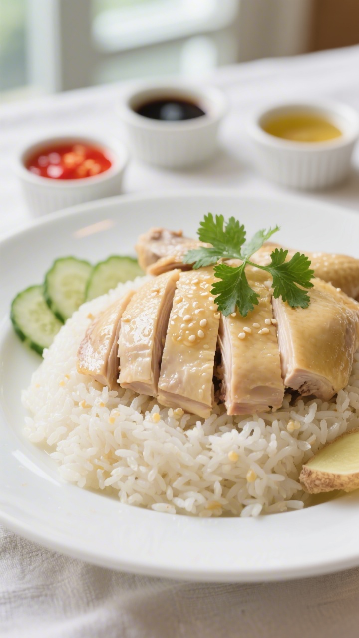 Close-up detail: Sliced poached Hainanese chicken, skin-on and glistening from a light sesame oil ru