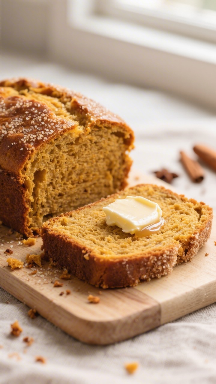 Close-up detail: Sliced pumpkin bread showing a moist, tender crumb with a fine, even texture and a 