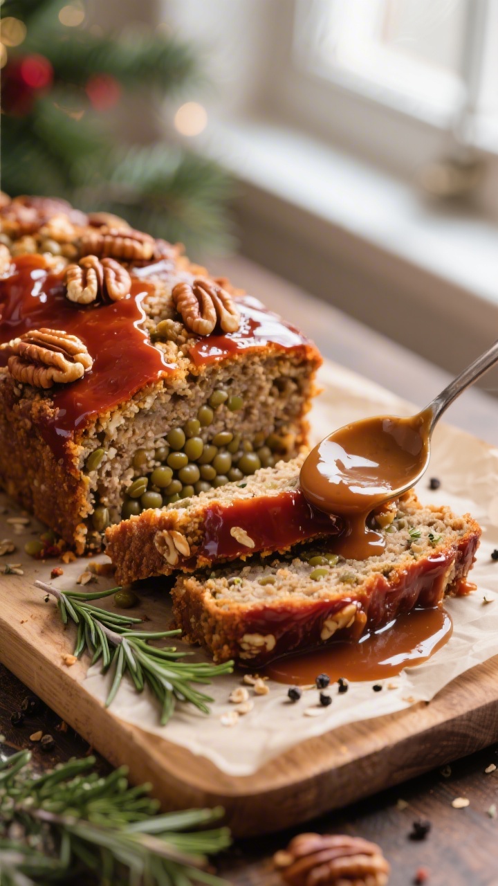 Close-up detail: Sliced savory lentil-walnut holiday loaf fresh from the oven, glossy ketchup–mapl