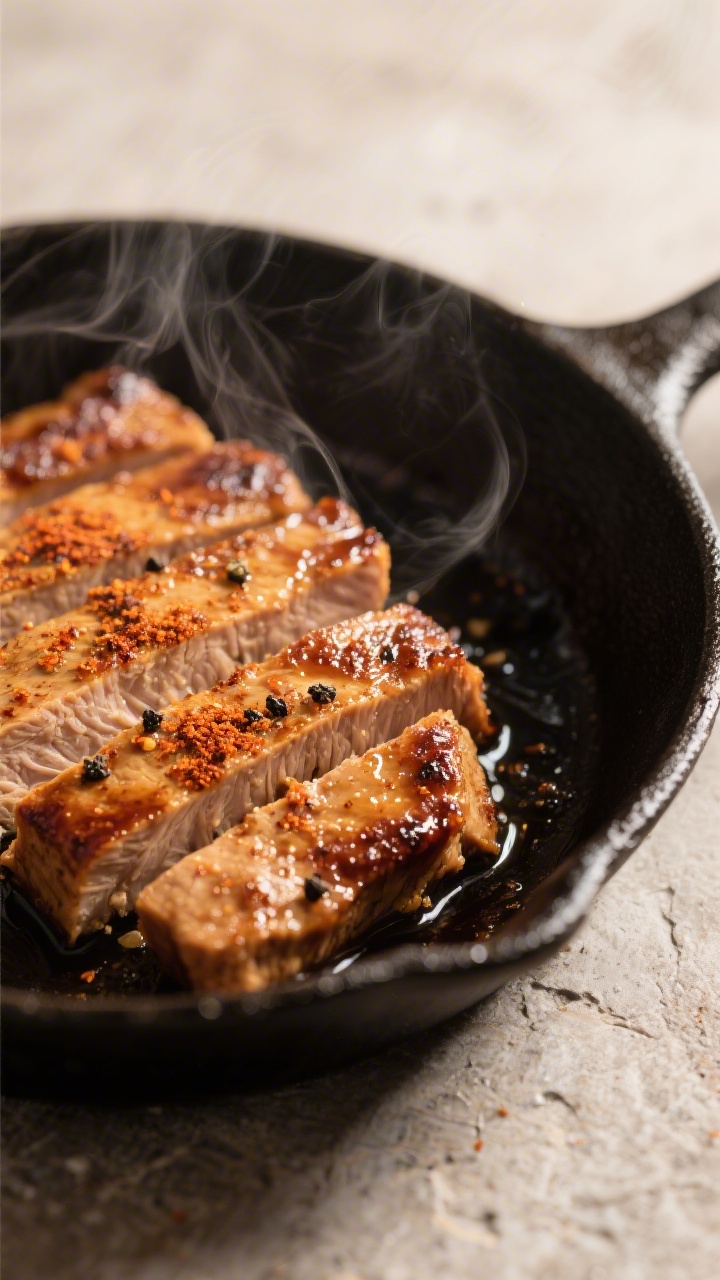 Close-up detail: Sliced seared seitan cutlet just out of the skillet, deep golden-brown crust with s