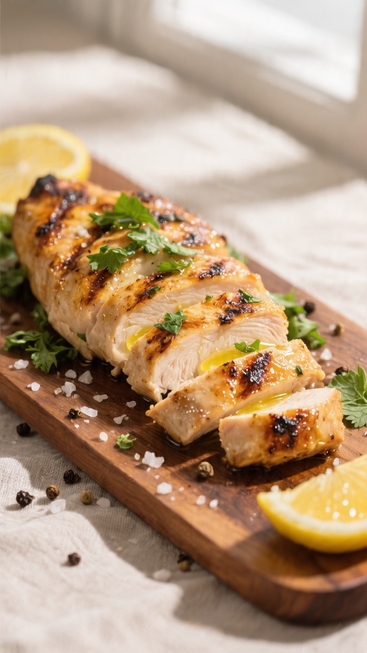 Close-up detail: Sliced summer herb-lemon grilled chicken resting on a wooden board, glistening with
