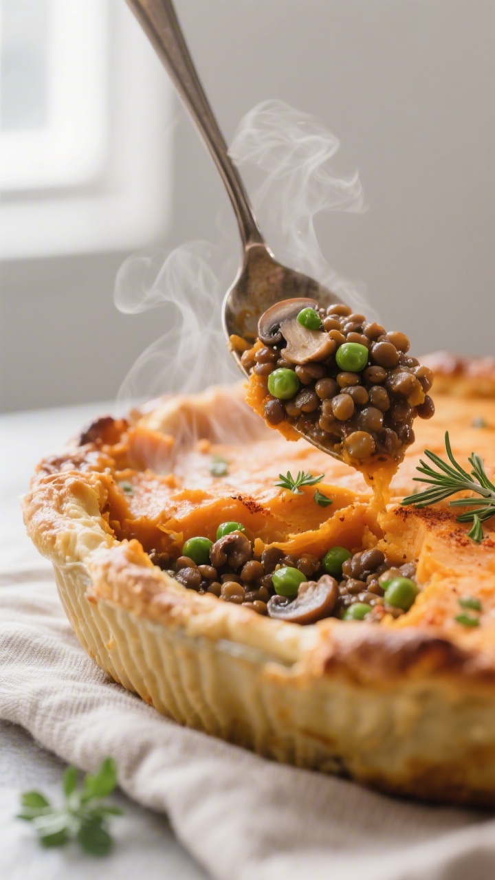 Close-up detail: Spoon breaking into a baked vegan sweet potato shepherd’s pie just after resting,