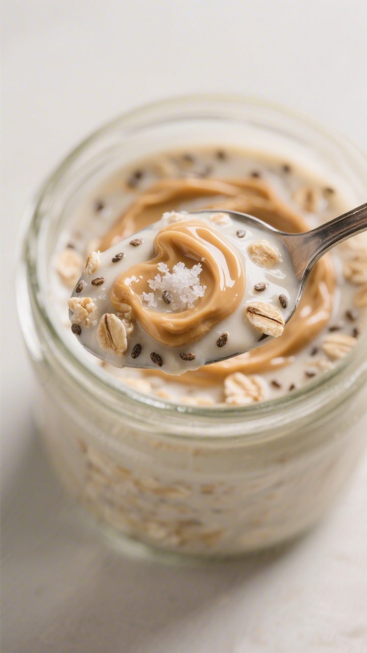 Close-up detail: Spoonful of creamy overnight oats lifted from a glass jar, showing thick, pudding-l