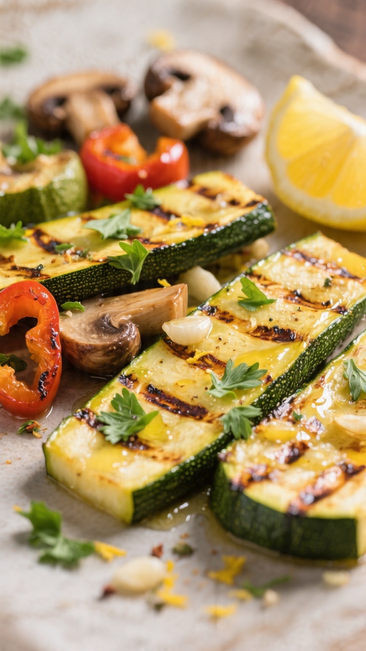 Close-up detail: Tender-crisp grilled zucchini and yellow squash planks with pronounced grill marks,