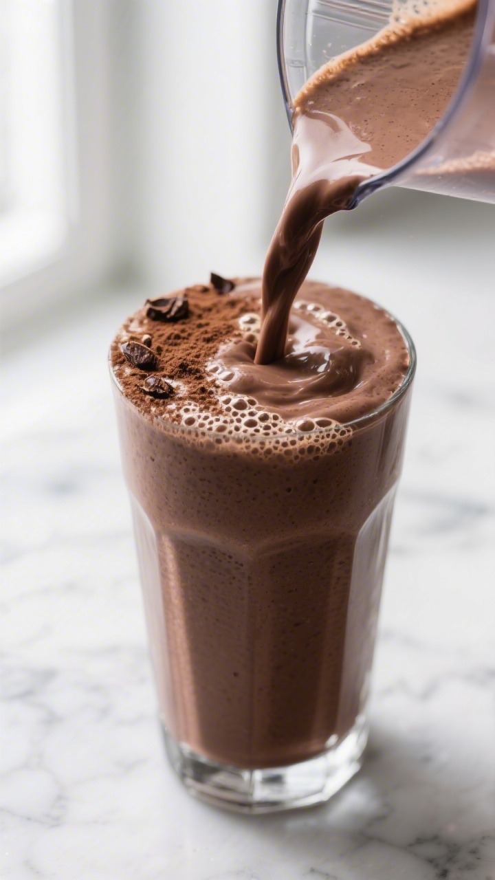 Close-up detail: Thick, creamy avocado chocolate smoothie being poured from a blender into a tall ch