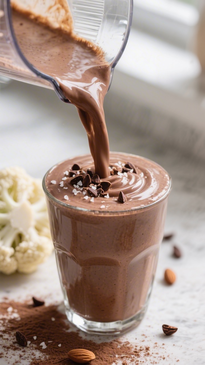 Close-up detail: Thick, creamy Chocolate Almond cauliflower smoothie being poured from a blender int