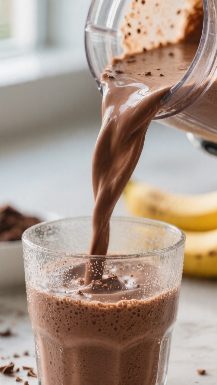 Close-up detail: Thick, creamy chocolate banana protein smoothie being poured from a blender into a 