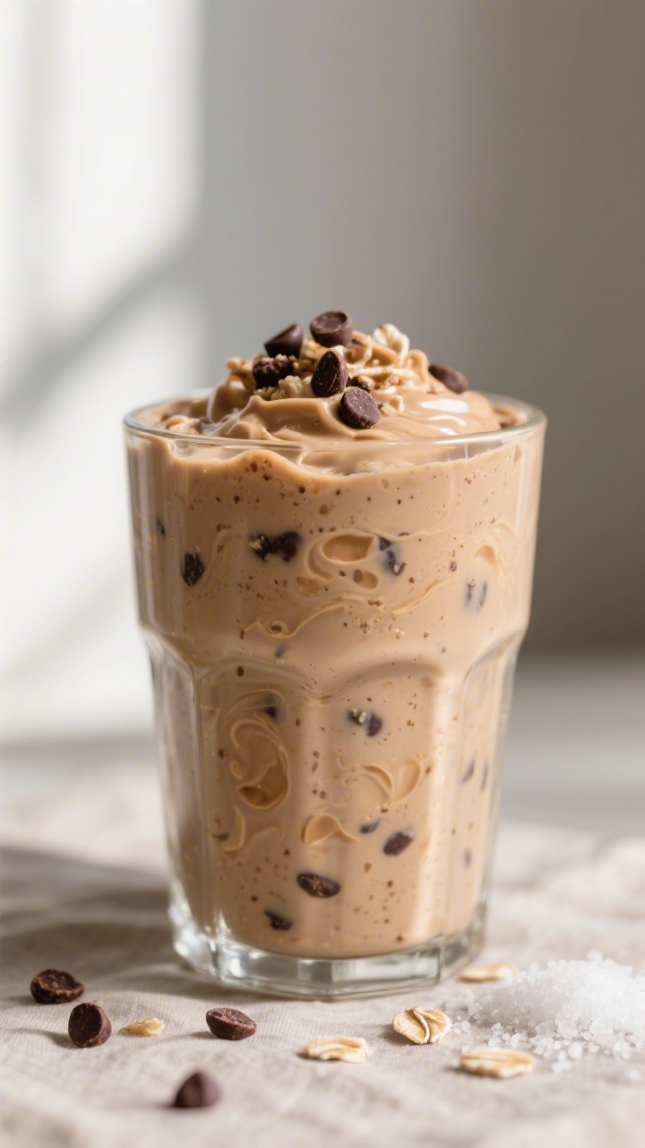 Close-up detail: Thick, creamy cookie dough protein shake just after blending, poured into a chilled