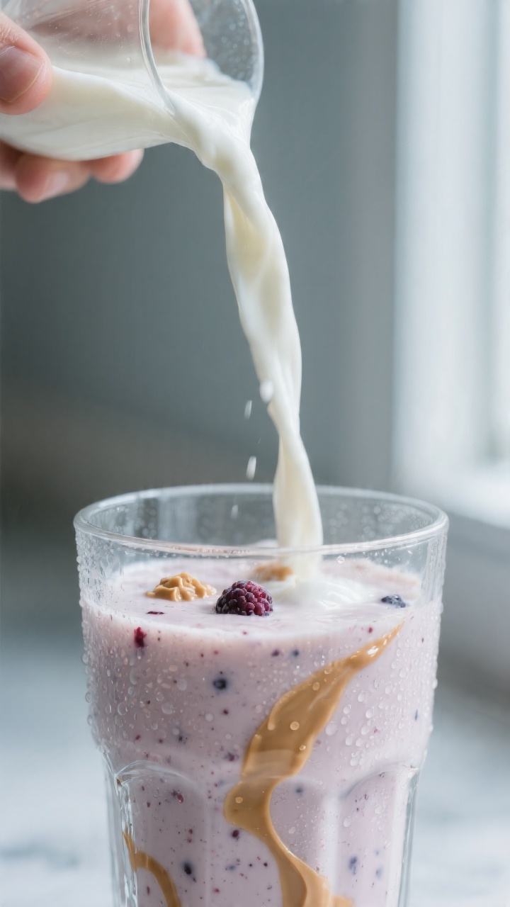 Close-up detail: Thick, creamy Greek yogurt smoothie being poured in a silky ribbon into a chilled c