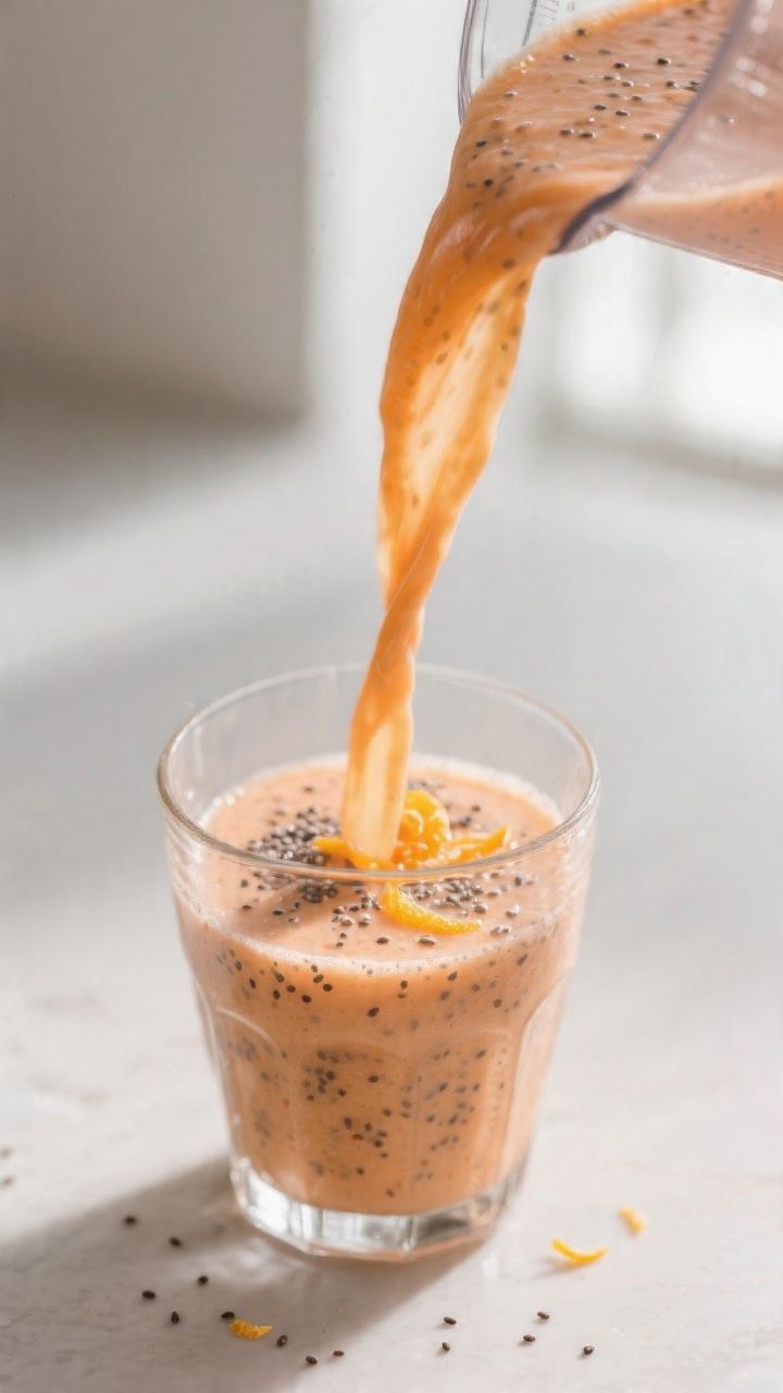 Close-up detail: Thick, creamy Orange Peach Chia Smoothie being poured from a blender into a chilled