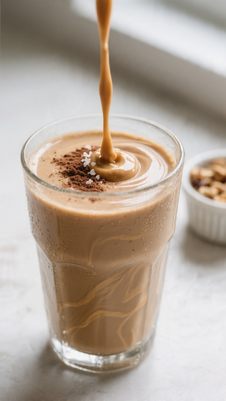 Close-up detail: Thick, creamy peanut butter smoothie just poured into a chilled clear glass, glossy