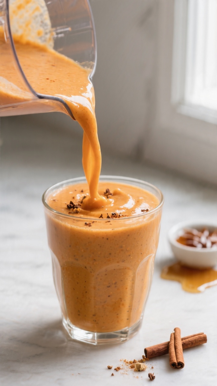 Close-up detail: Thick, creamy pumpkin smoothie being poured from a blender into a clear chilled gla