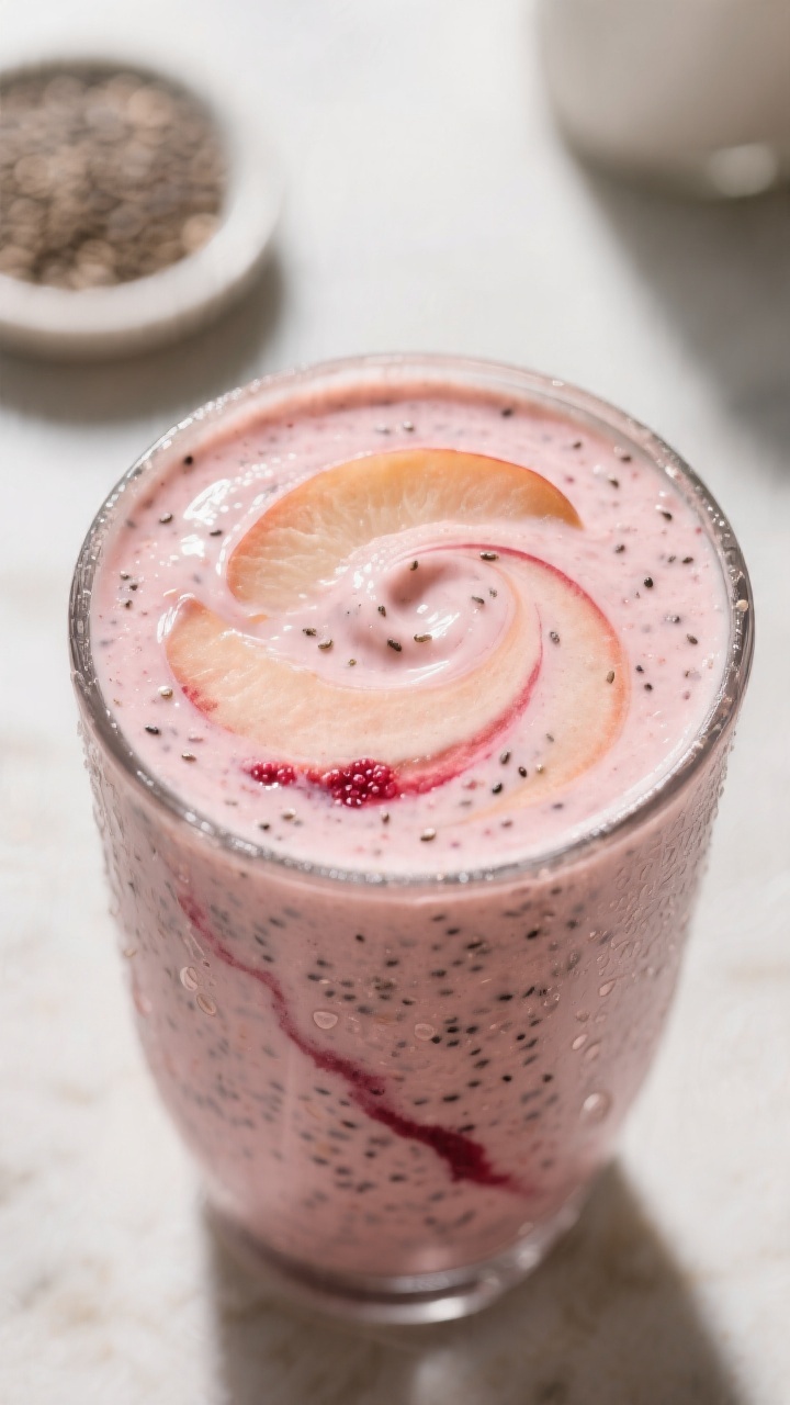 Close-up detail: Thick, creamy raspberry peach chia smoothie mid-blend in a high-speed blender jar, 