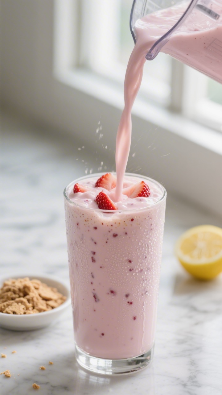 Close-up detail: Thick, creamy strawberry cheesecake protein shake mid-blend being poured from a ble