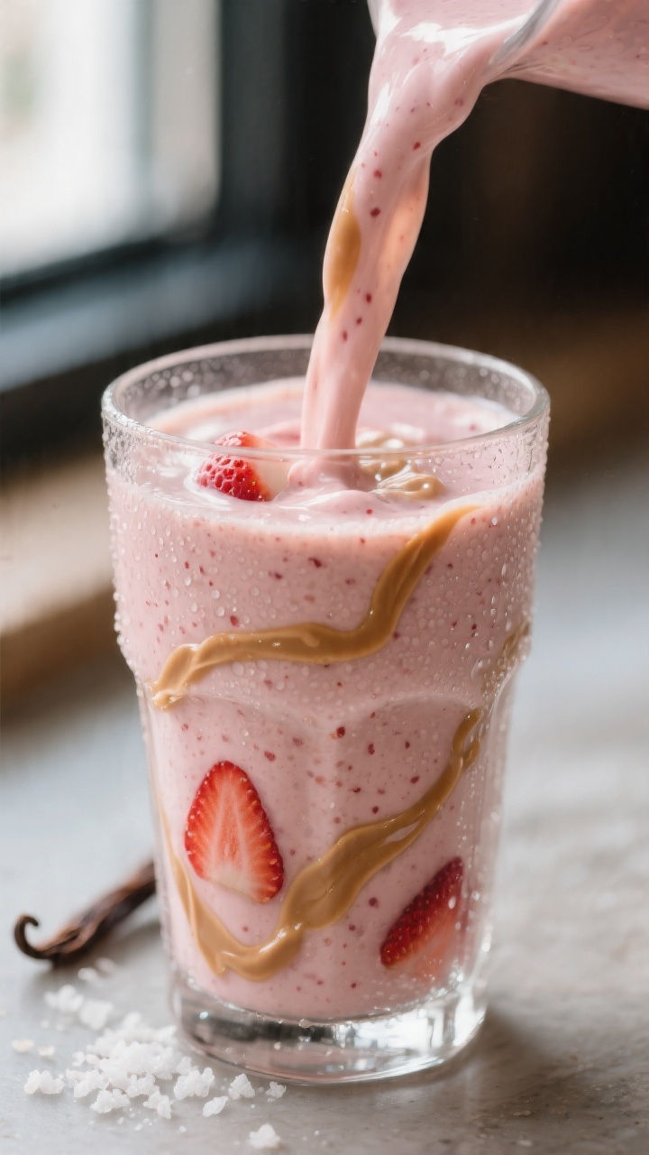Close-up detail: Thick, creamy strawberry–peanut butter smoothie cascading into a chilled clear gl