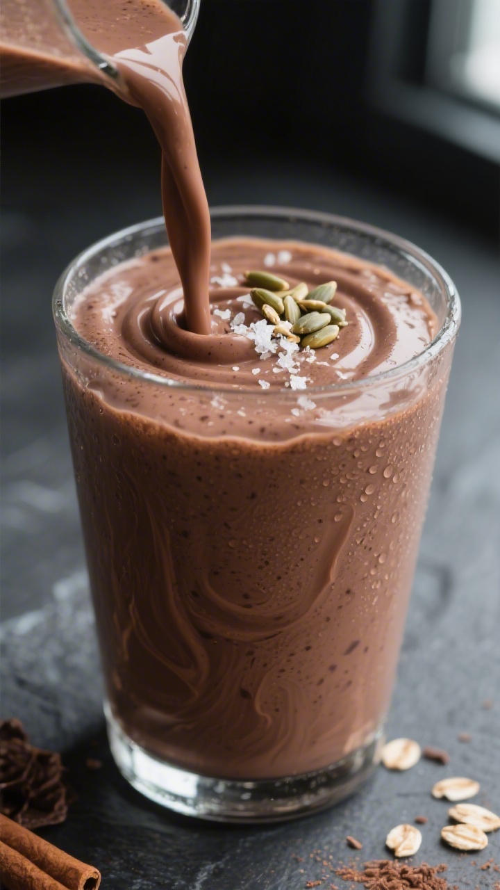 Close-up detail: Thick, creamy vegan chocolate protein smoothie mid-pour into a chilled clear pint g