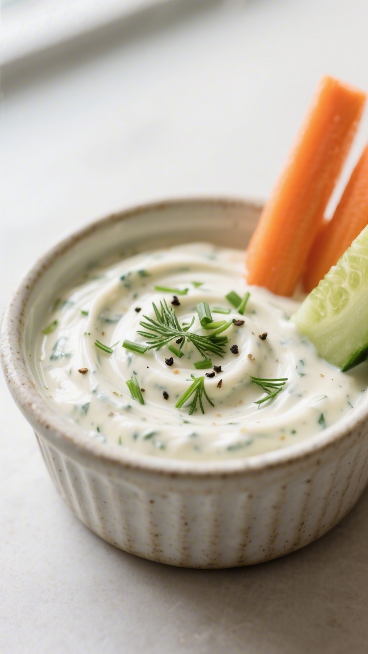 Close-up detail: Thick, dairy-free ranch dip in a small stoneware ramekin, texture visibly creamy wi