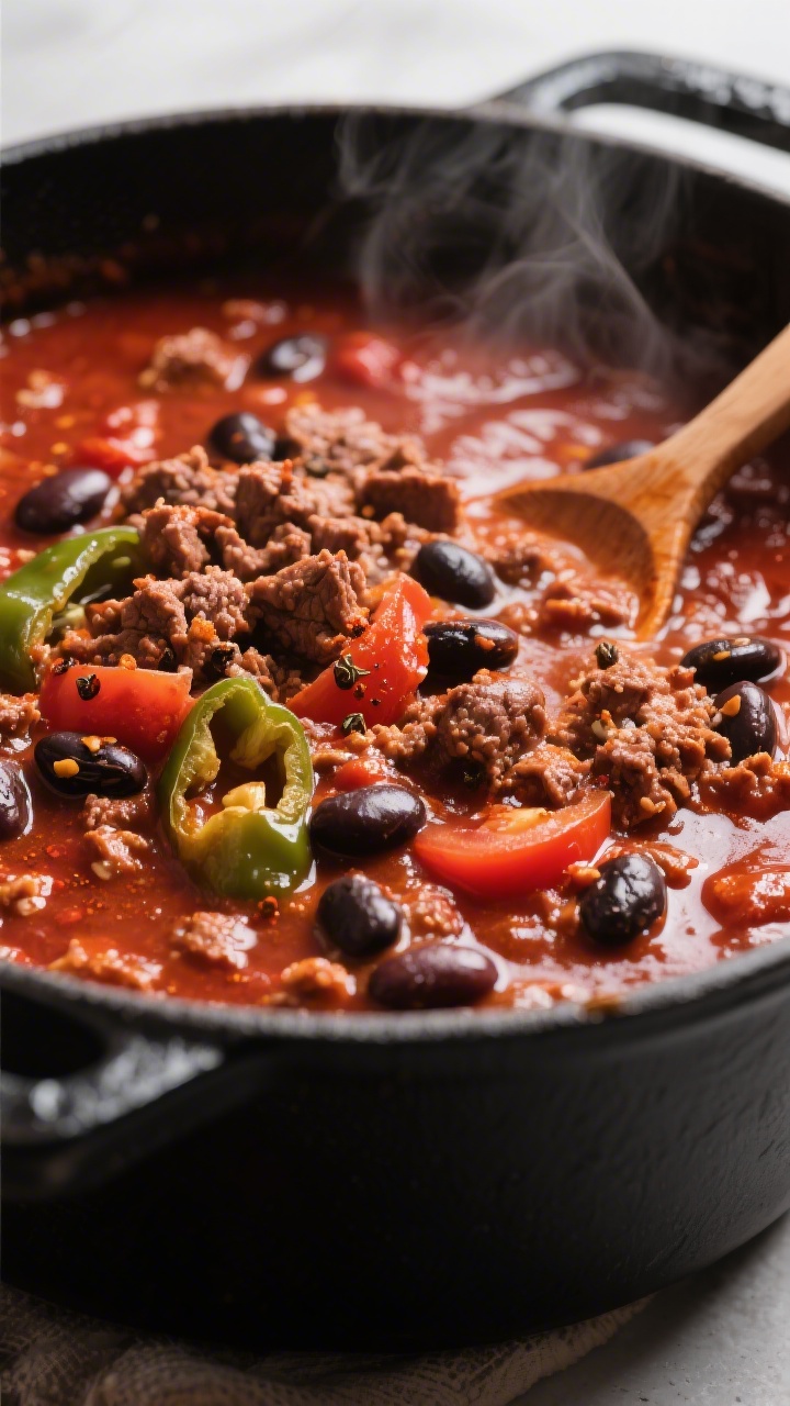 Close-up detail: Thick, glossy classic beef-and-bean chili simmering in a matte-black Dutch oven, su