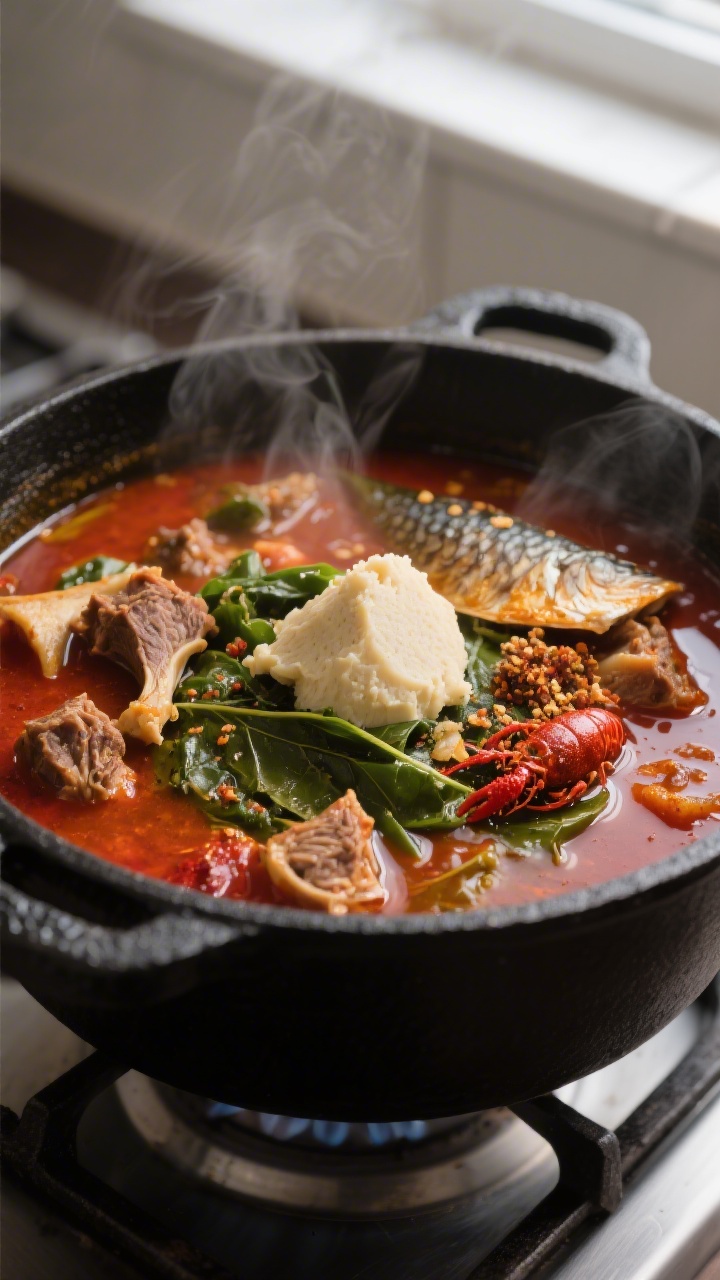 Close-up detail: Thick Onugbu (bitterleaf) soup mid-simmer in a black cast-iron pot, showing glossy