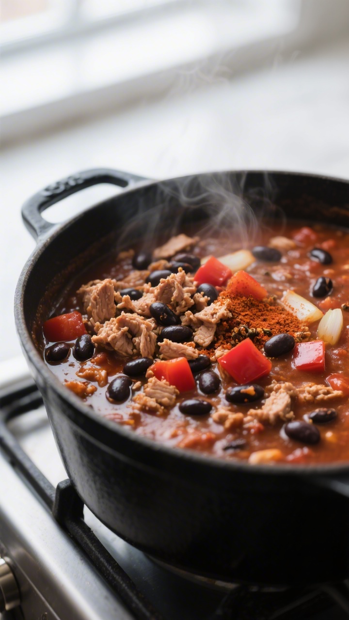 Close-up detail: Thick, simmering turkey and bean chili in a matte black Dutch oven, captured mid-si