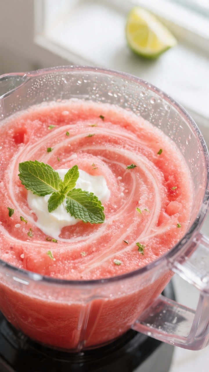 Close-up detail: Thick, slushy watermelon smoothie mid-blend in a high-speed blender, showing velvet