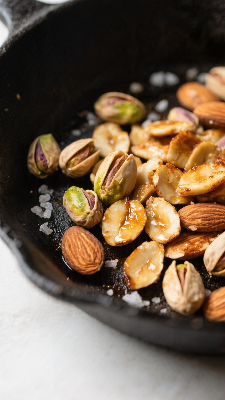 Close-up detail: Toasted pistachios and sliced almonds cooling in a matte black skillet, golden-brow