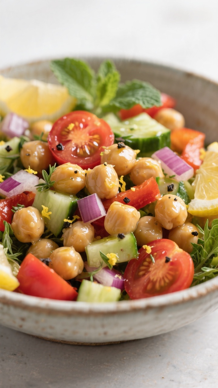 Close-up detail: Tossed chickpea salad mid-mix in a large ceramic bowl, glossy chickpeas coated in l
