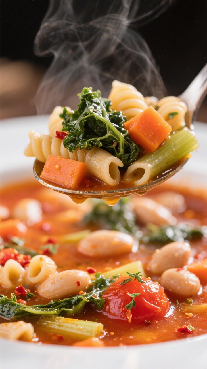 Close-up detail: Ultra-close shot of a ladle lifting minestrone, . Focus on glossy ditalini pasta ju
