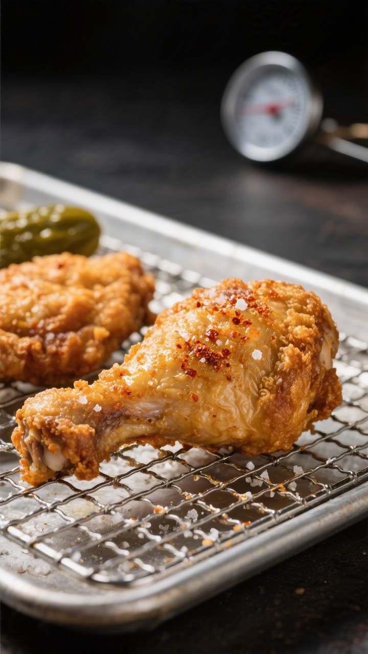 Close-up detail: Ultra-close shot of freshly fried, pickle-brined chicken thigh resting on a wire ra
