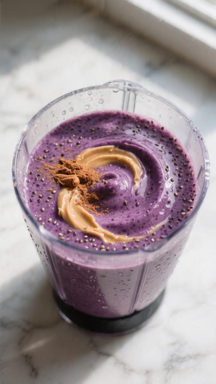 Close-up detail: Ultra-creamy chia seed smoothie mid-blend in a high-speed blender jar, showing silk