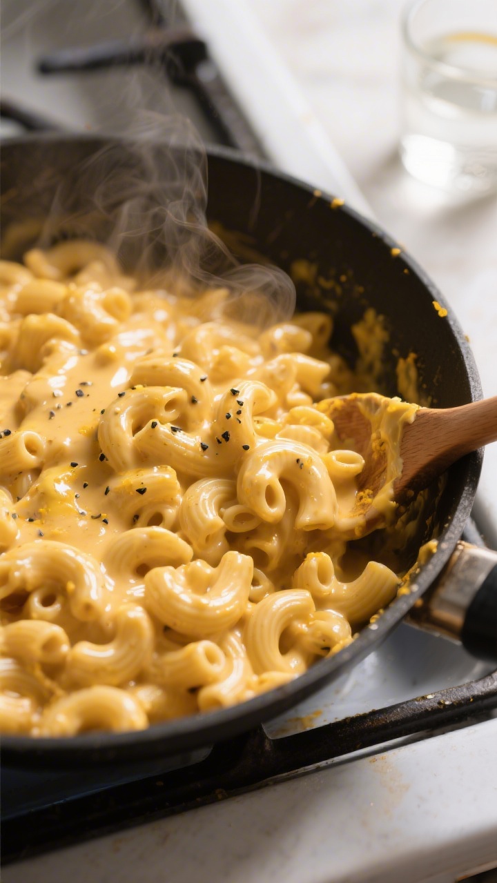 Close-up detail: Ultra-creamy vegan mac and cheese being tossed in a shallow skillet over low heat, 