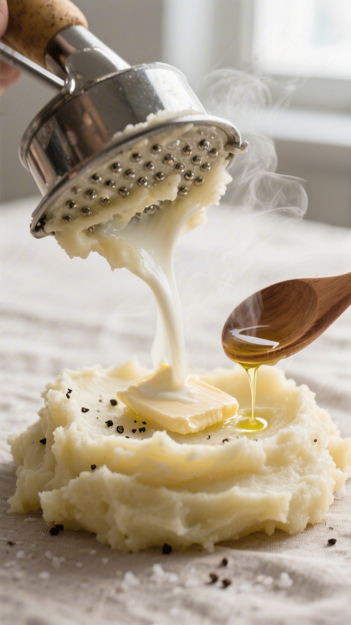 Close-up detail: Ultra-smooth vegan mashed potatoes just after mashing, steam rising, silky ribbons 