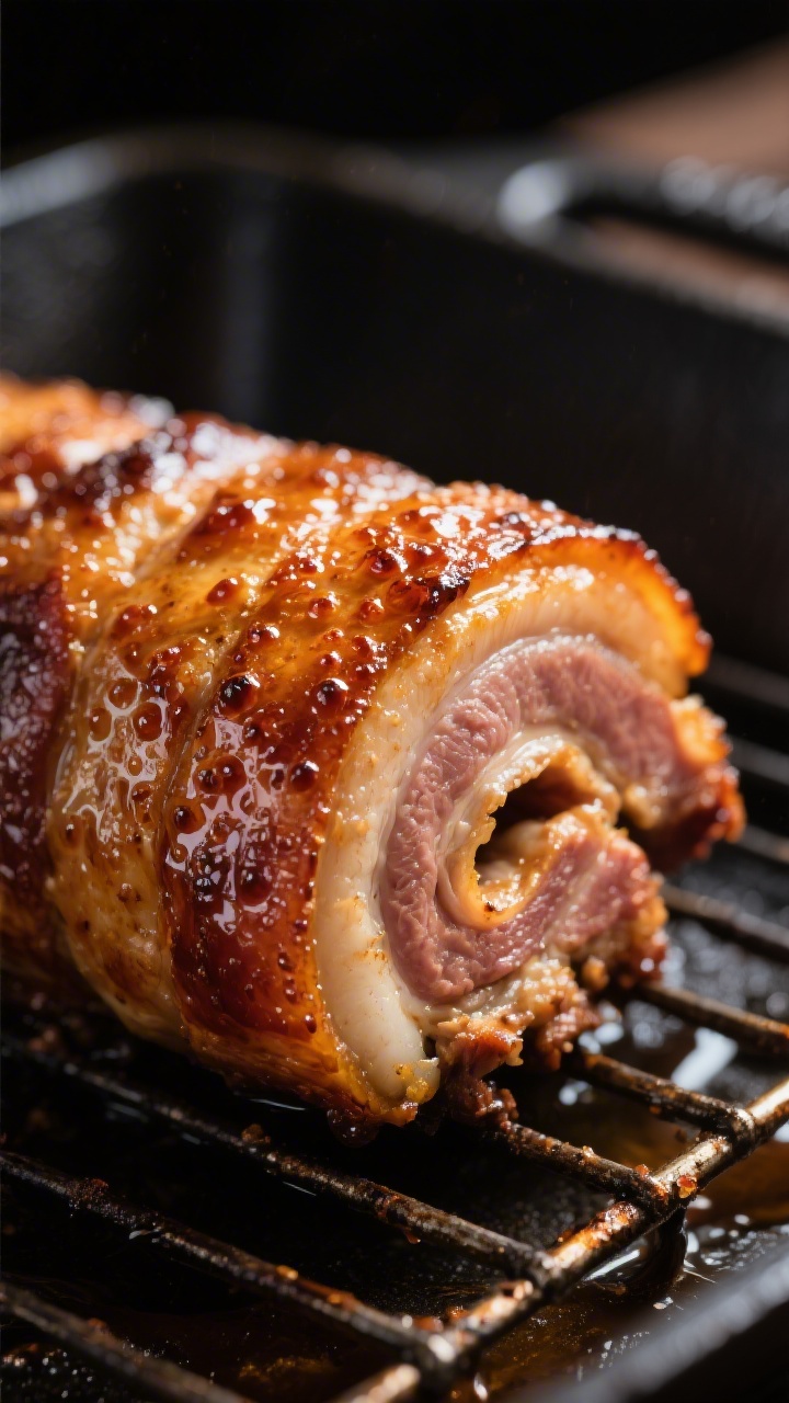 Close-up detail: Ultra-tight macro of blistered, glassy crackling on a roasted pork belly roll just 