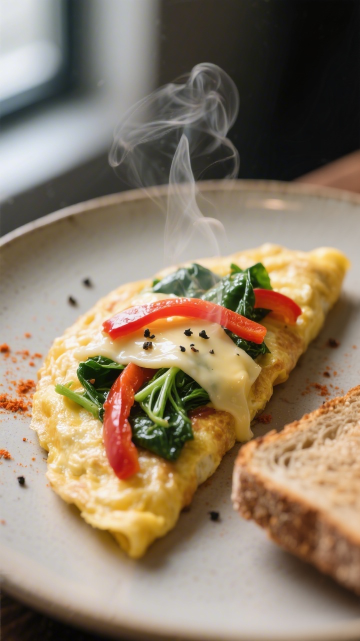 Close-up detail: Veggie omelet slice with melted cheese strands and glossy sautéed spinach and red