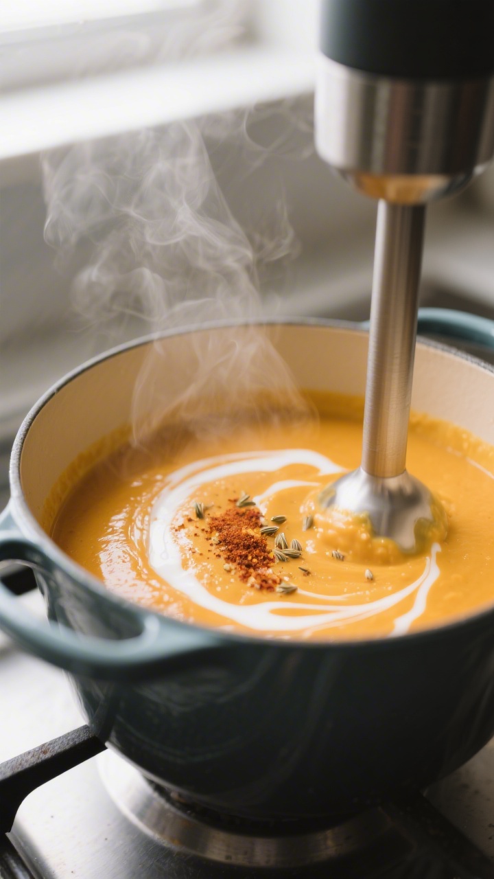Close-up detail: Velvety vegan butternut squash soup being blended silky-smooth with an immersion bl