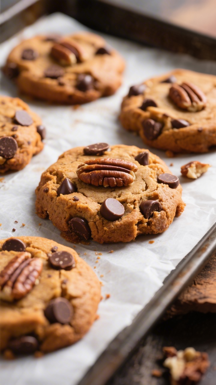 Close-up detail: Warm pumpkin chocolate chip cookies just out of the oven on a parchment-lined sheet