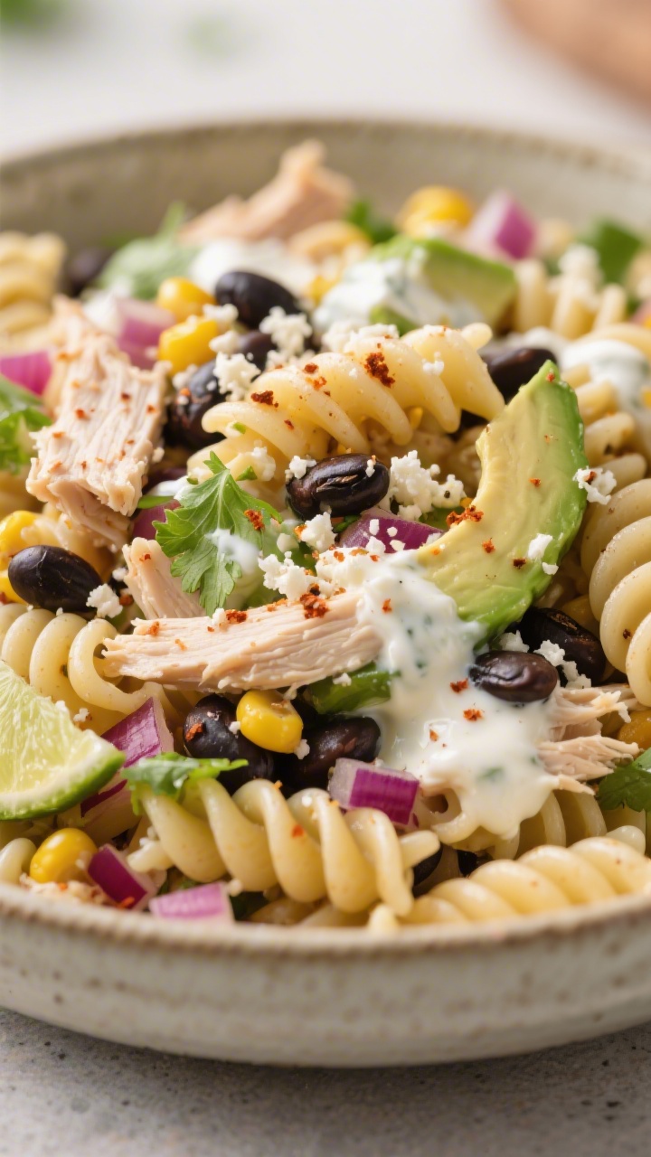 Close-up final dish: Southwest Black Bean Chicken Pasta salad in a low ceramic bowl—rotini studded