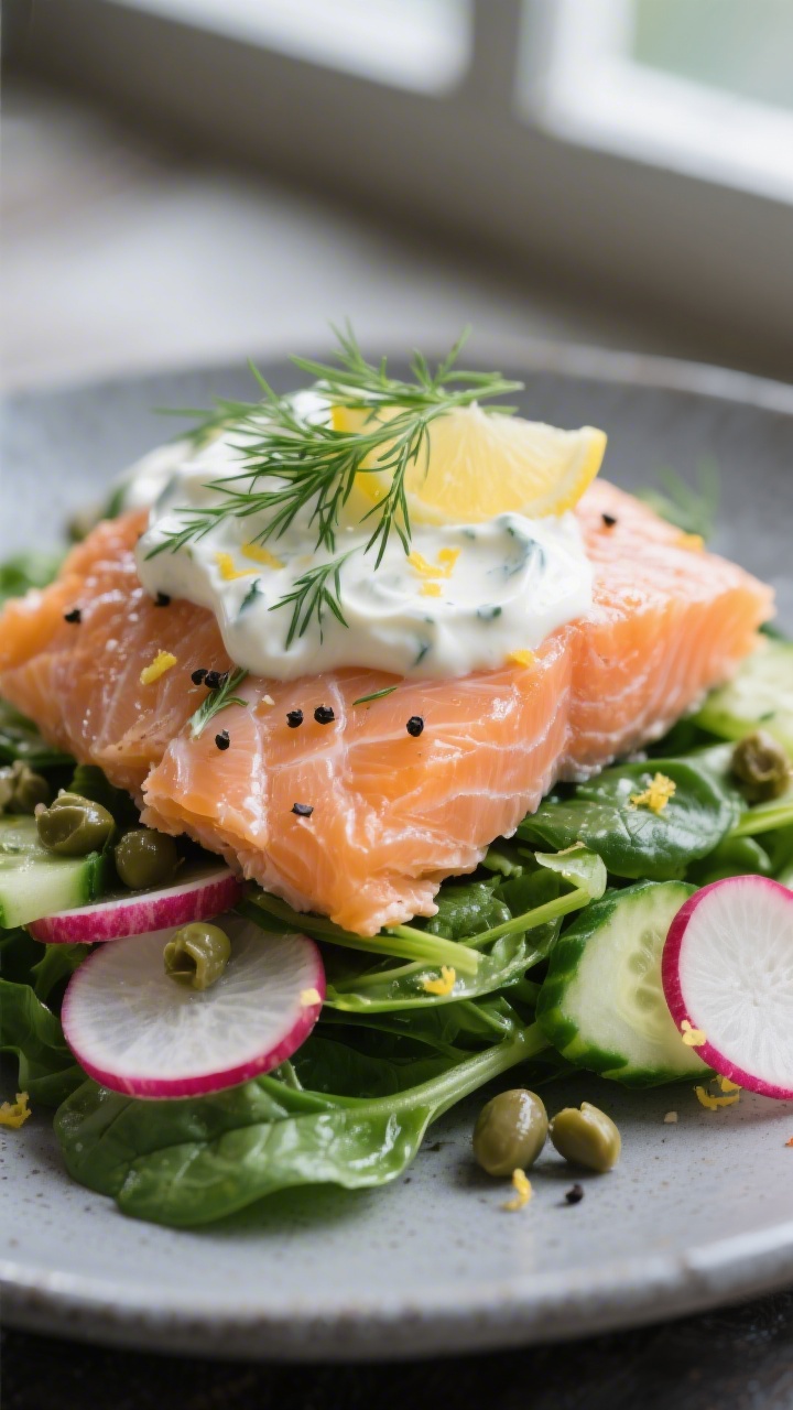 Close-up final presentation: Salmon and Greens with Dill Yogurt—tight macro of flaky canned salmon